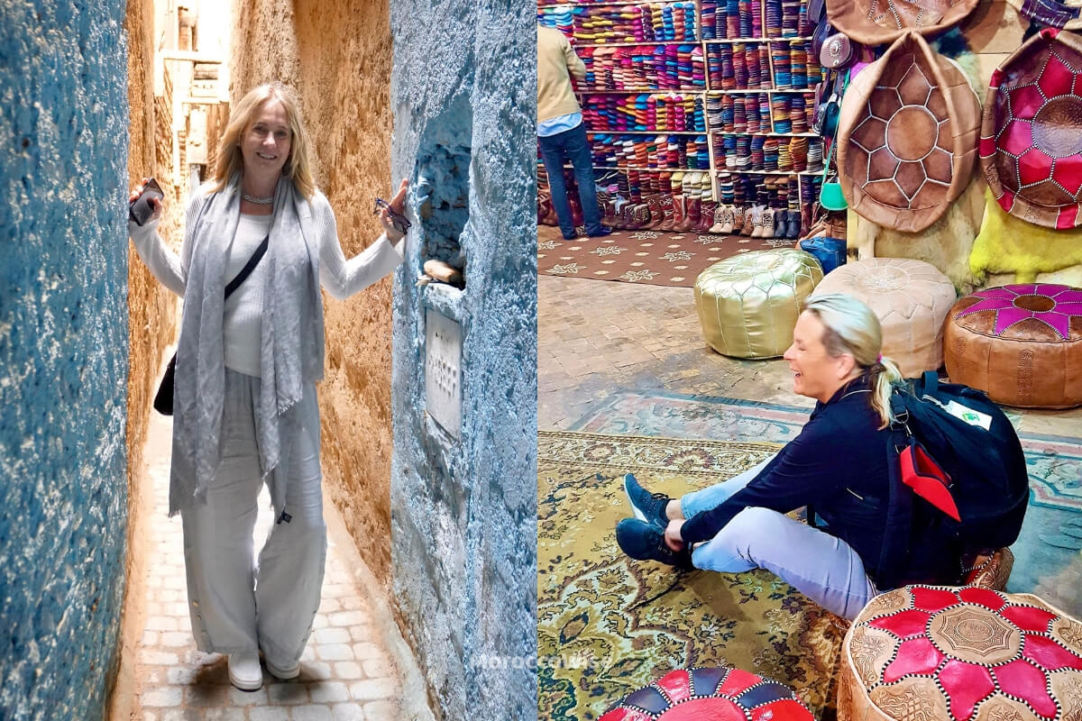 A traveler exploring a colorful Moroccan medina lane
